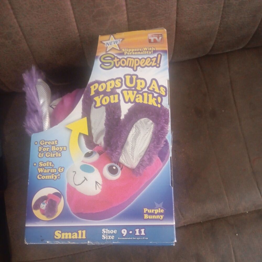 Stompeez Sz small 9-11 kids purple bunny slippers ears pop up when they walk New